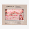 Glampton Satin Sleep Set in floral vintage print featuring the pillowcase eye mask and scrunchie inside the closed box