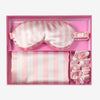 Glampton Satin Sleep Set Pink Stripes open box with pillowcase eye mask and scrunchies.