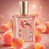 Shimmer Fragrance Mist bottle labeled ‘Glampton Sweet Peach’ with gummy candy peach treats on a pink background.
